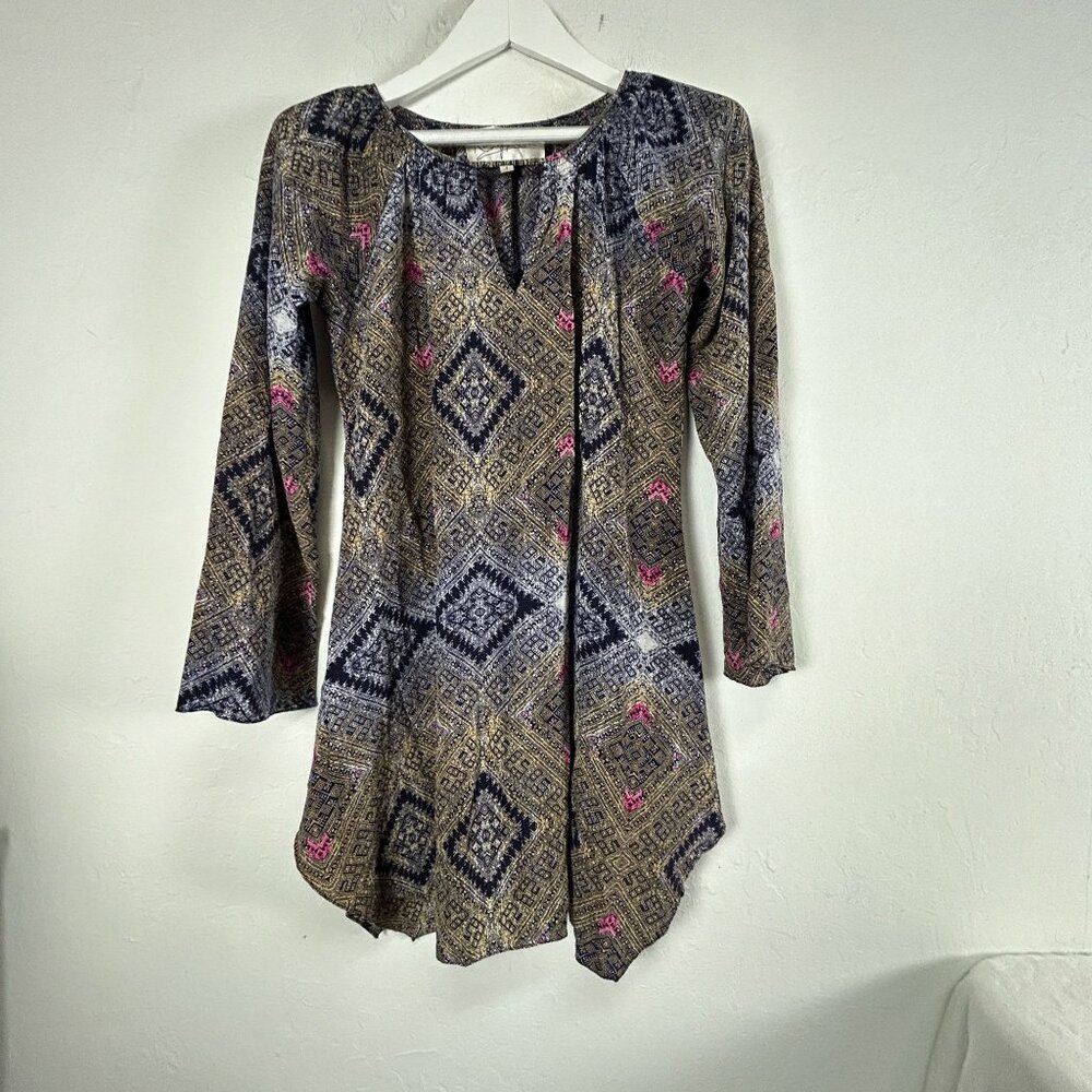 Rory Beca Womens Silk Long Sleeve Keyhole Mini Dress Small Geometric Multicolor